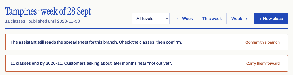 The top of the week board for a branch that is not live yet: a banner saying the assistant still reads the spreadsheet for this branch, with a Confirm this branch button, and under it the banner offering to carry classes forward.