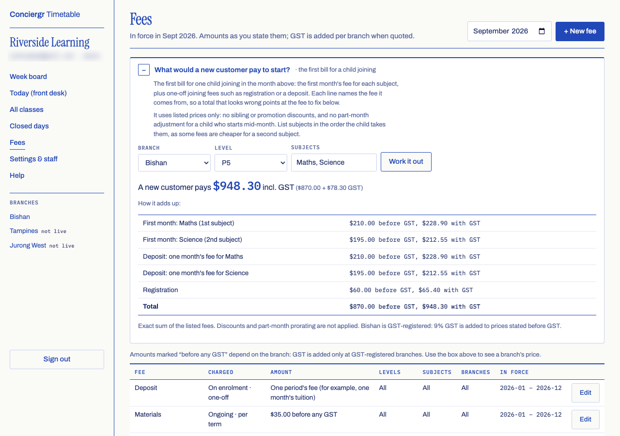 The Fees page for September 2026 with the quote box open: Bishan, P5, Maths and Science gives $948.30 including GST, broken into the first month for each subject, a deposit for each, and registration. Below is the start of the fees table with each fee's charge, amount, levels, subjects, branches, months in force and an Edit button.