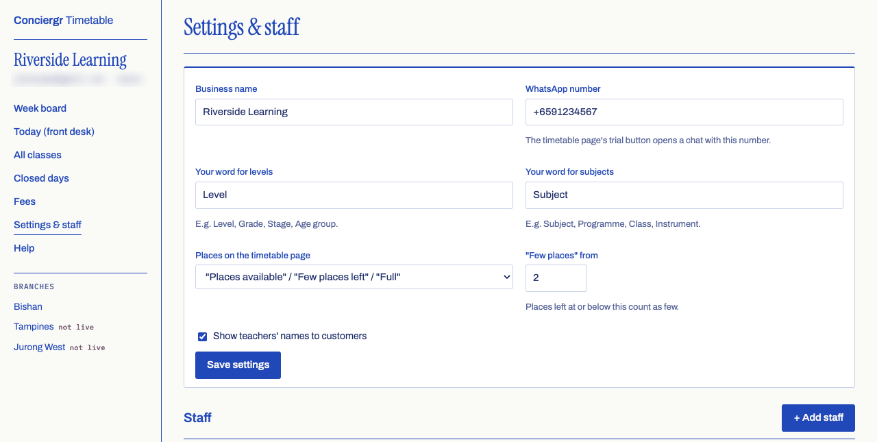 The Settings and staff page: the business name, WhatsApp number, the words for levels and subjects, how places are shown on the timetable page, when places count as few, the switch for teachers' names and a Save settings button, then the Staff heading with an Add staff button.