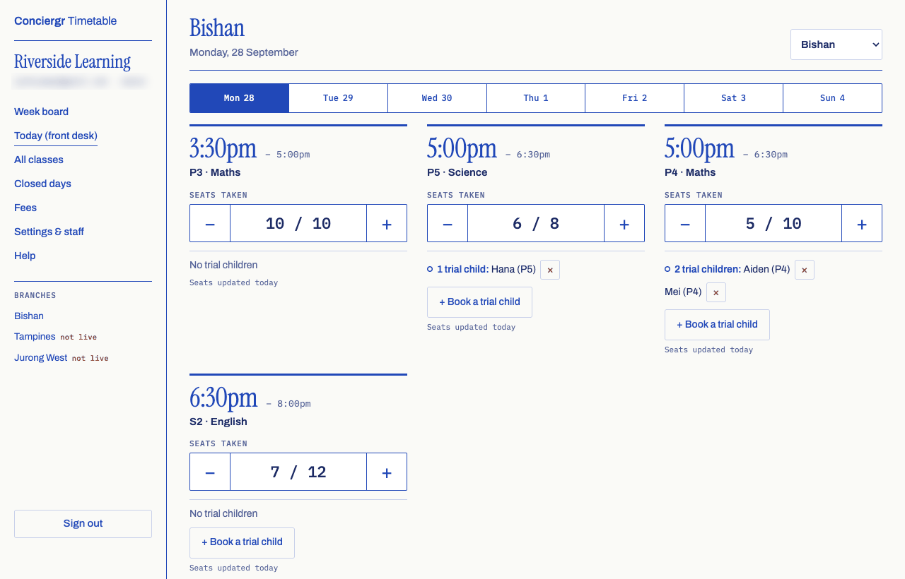 Today at the Bishan branch on Monday 28 September: a strip of this week's days, then a card per lesson with its time, level and subject, and a large seats taken counter. The P5 Science card lists Hana (P5) and the P4 Maths card lists Aiden (P4) and Mei (P4), each name with a remove button, and lessons that haven't started have a Book a trial child button.