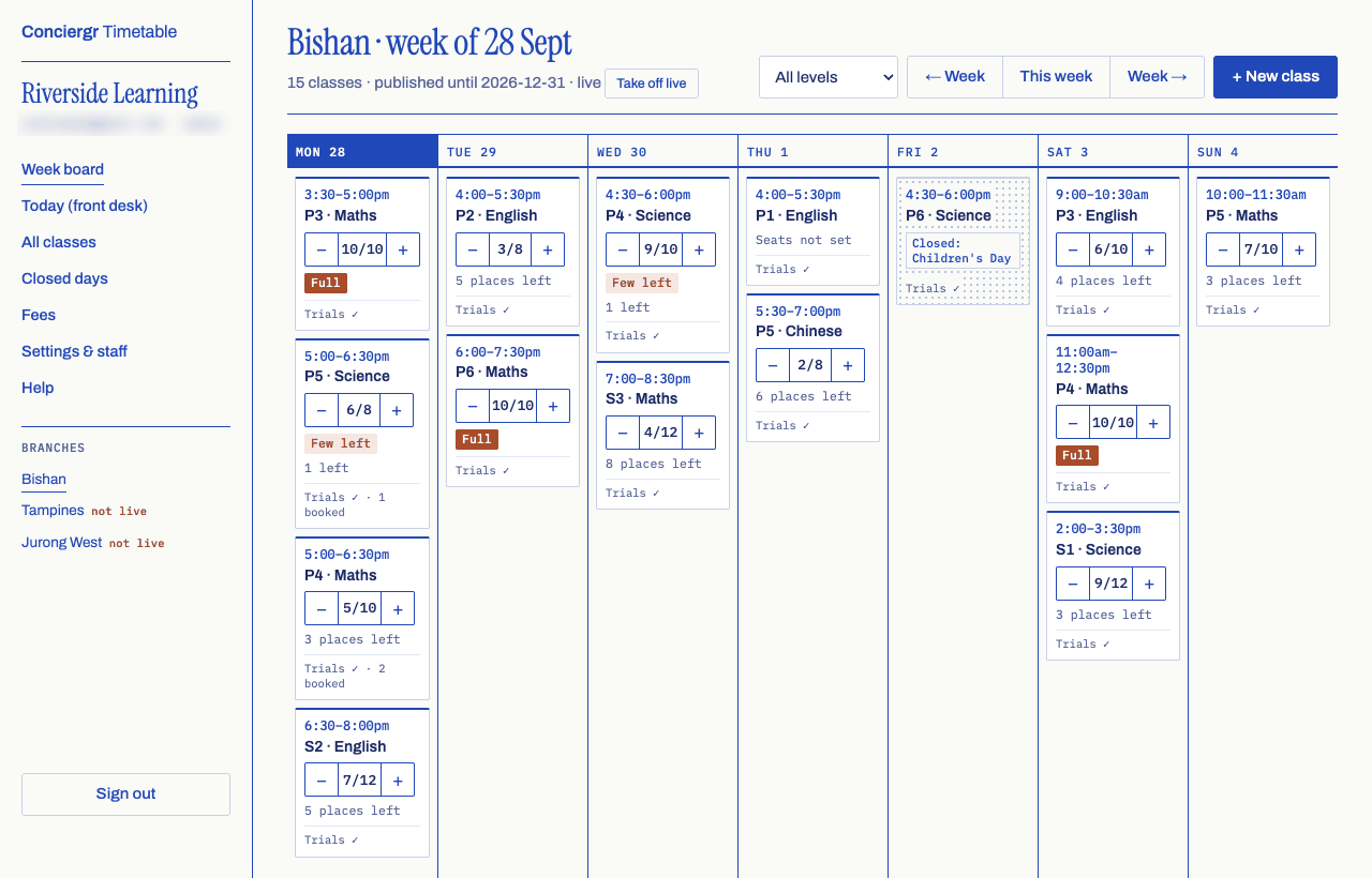 The week board for the Bishan branch. The line under the title ends with live and a Take off live button. Below, a column for each day from Monday to Sunday with a card per lesson: seat counters such as 5 of 10, Full and Few left badges, places left, and how many trial children are booked. One card says Seats not set, and Friday's lesson is dotted and marked Closed: Children's Day.
